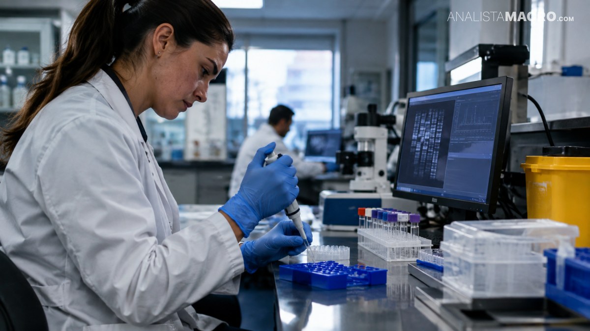 Científica con bata y guantes azules manipula muestras en tubos frente a un monitor dentro de un laboratorio.