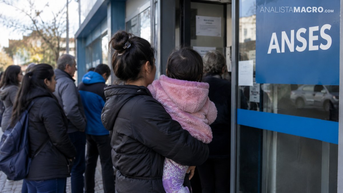 Personas hacen fila frente a una oficina con letrero ANSES, visibles abrigos y ventanilla de atención.