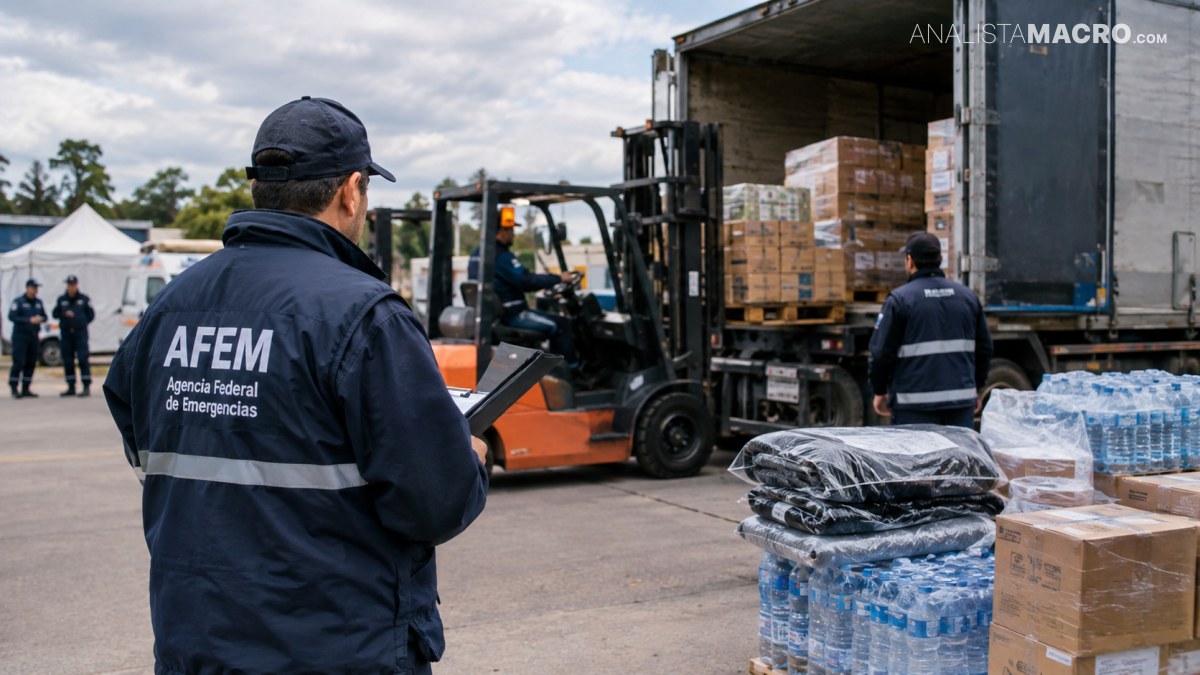 Personal de emergencias observa montacargas descargando cajas y suministros de agua embotellada desde un camión.