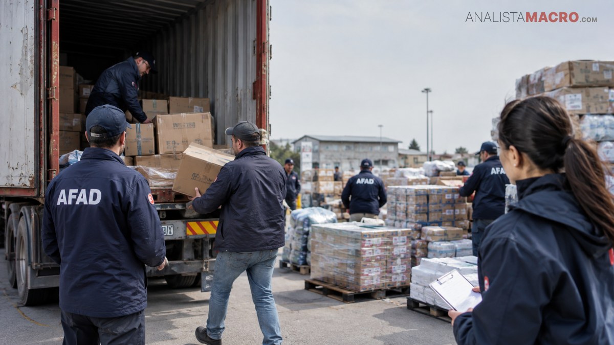 Trabajadores descargan cajas de un contenedor mientras otros organizan mercancía paletizada en un patio logístico.