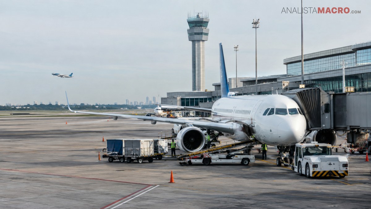 Avión comercial estacionado en la plataforma aeroportuaria, conectado a una terminal, con vehículos de servicio y una torre de control al fondo.