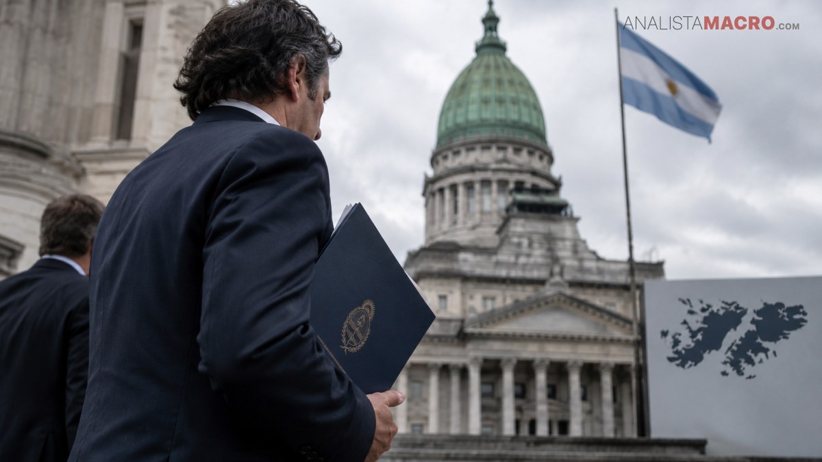 Hombre de traje oscuro sostiene una carpeta frente a un edificio con cúpula, mientras ondea una bandera argentina.