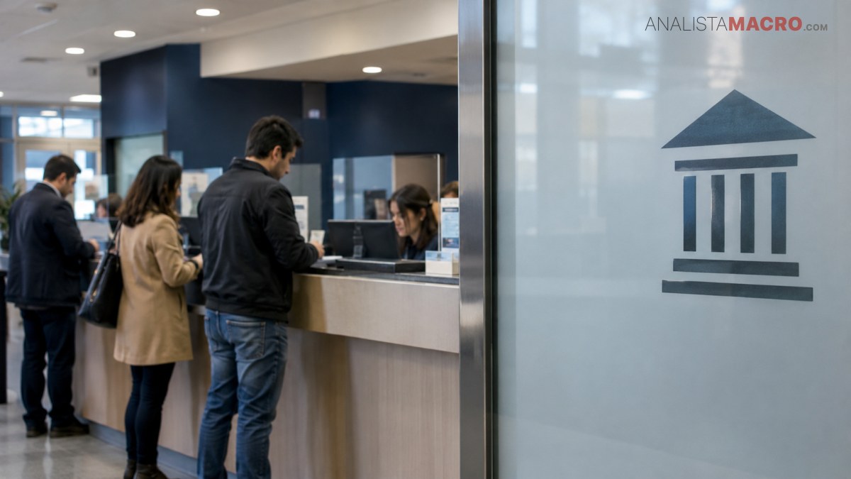 Varias personas esperan y realizan gestiones en un mostrador de atención, junto a un cristal con un símbolo bancario.