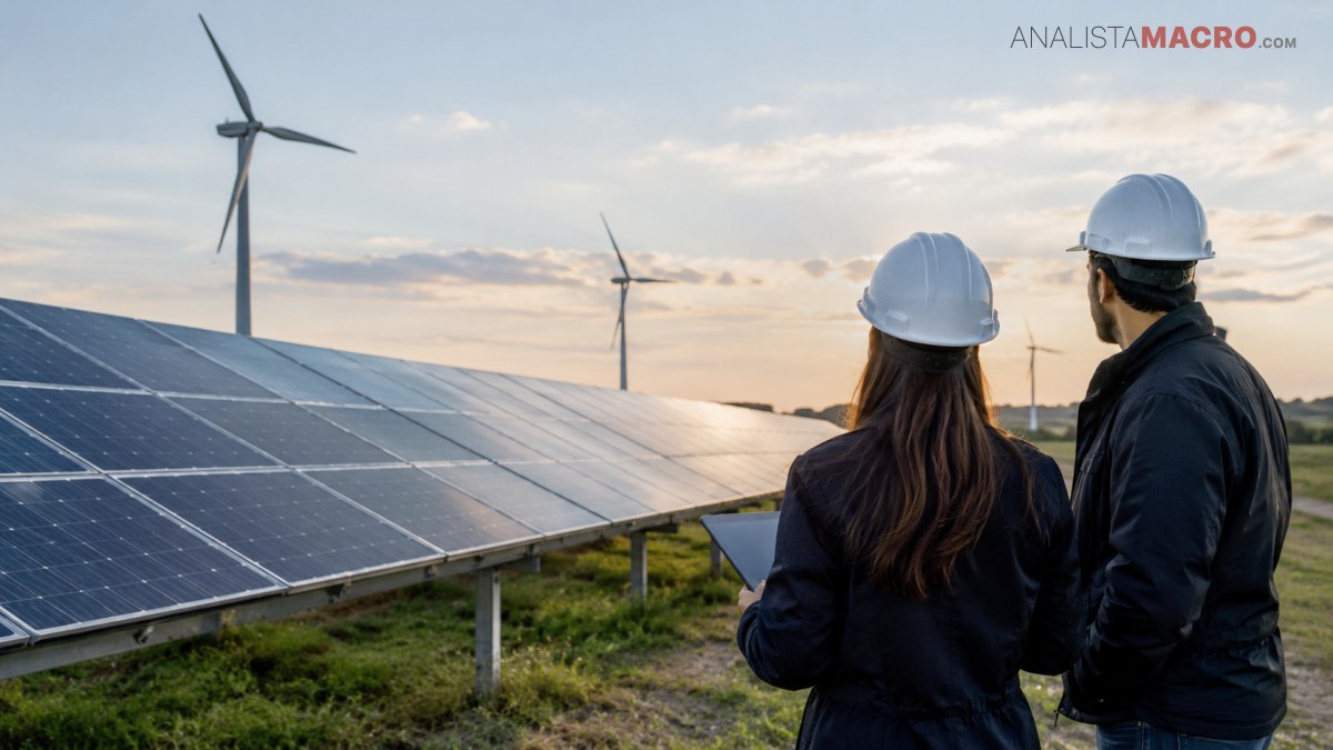Dos personas con cascos observan paneles solares y aerogeneradores bajo un cielo parcialmente nublado.