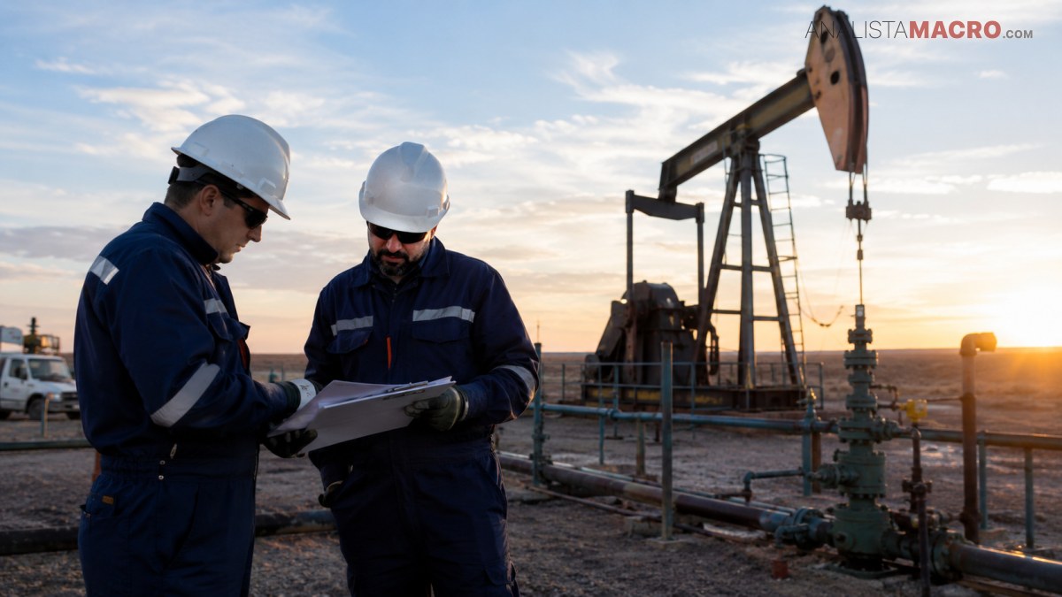 Dos trabajadores con cascos revisan documentos junto a una bomba de extracción petrolera al atardecer.
