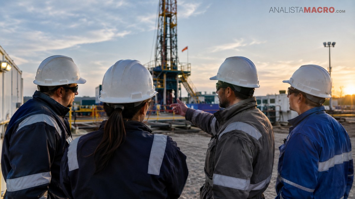 Cuatro trabajadores con cascos de seguridad conversan en un muelle industrial, con una torre de perforación al fondo.