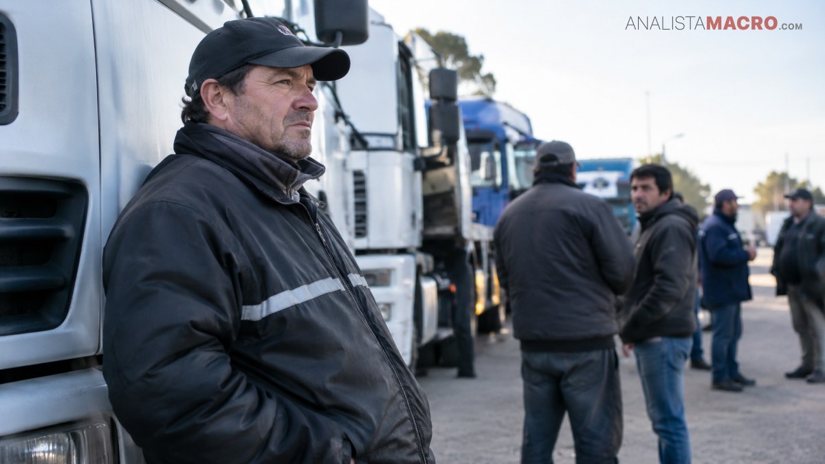 Hombre con gorra y chaqueta oscura permanece junto a varios camiones, mientras otras personas conversan al fondo.