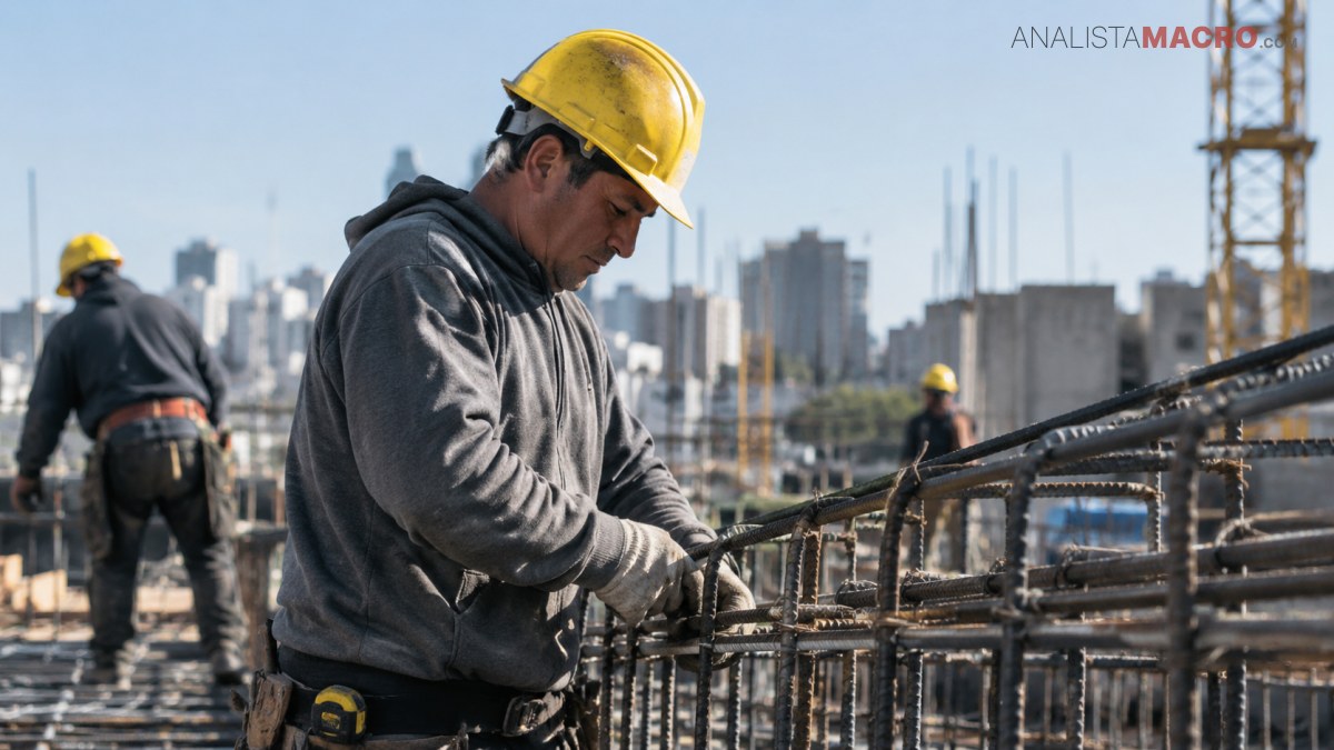 Trabajador con casco amarillo ajusta barras metálicas en una obra, mientras otros obreros y edificios altos aparecen al fondo.
