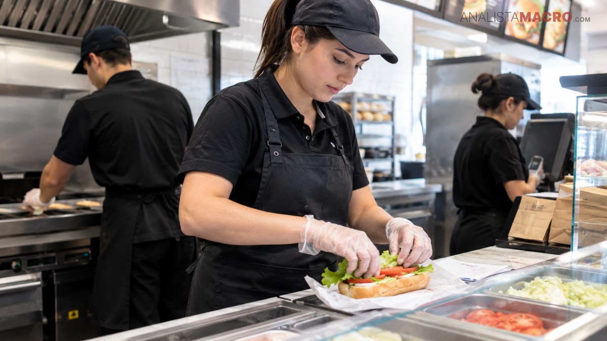 Una trabajadora con gorra y delantal prepara un sándwich con verduras mientras dos compañeros trabajan al fondo de una cocina.