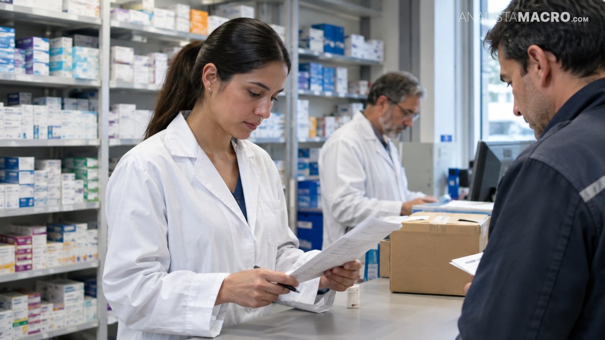 Farmacéutica revisa documentos frente a un cliente, mientras un trabajador organiza cajas en una farmacia llena de estanterías.