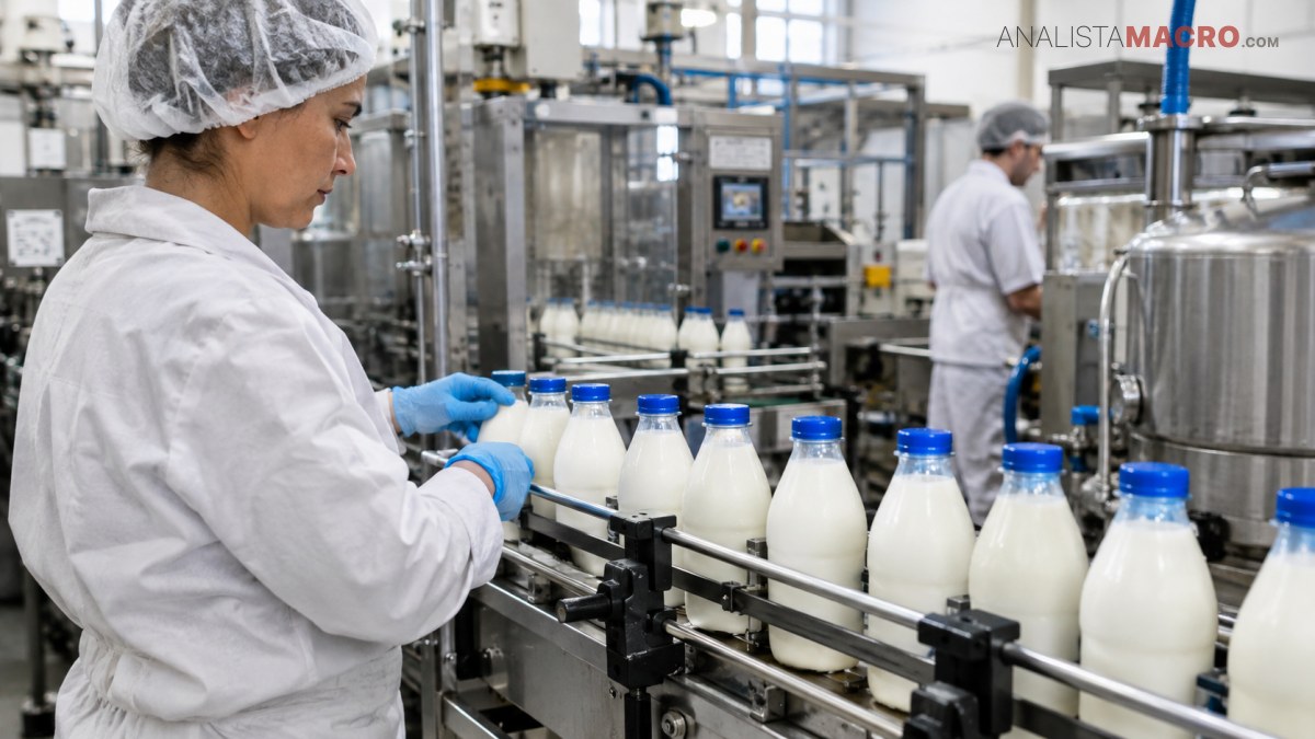 Trabajadora con bata, guantes y cofia supervisa botellas de leche en una línea industrial de envasado.