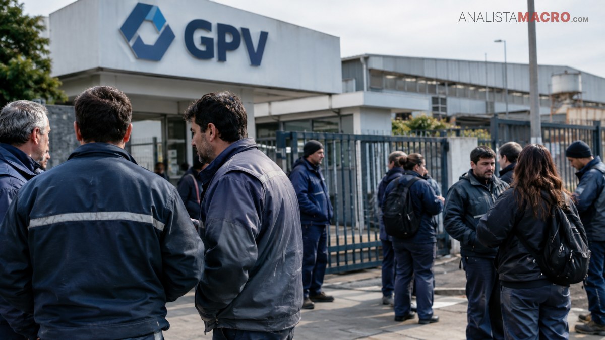Varias personas con ropa de trabajo se reúnen frente a un edificio industrial con un letrero que dice GPV.