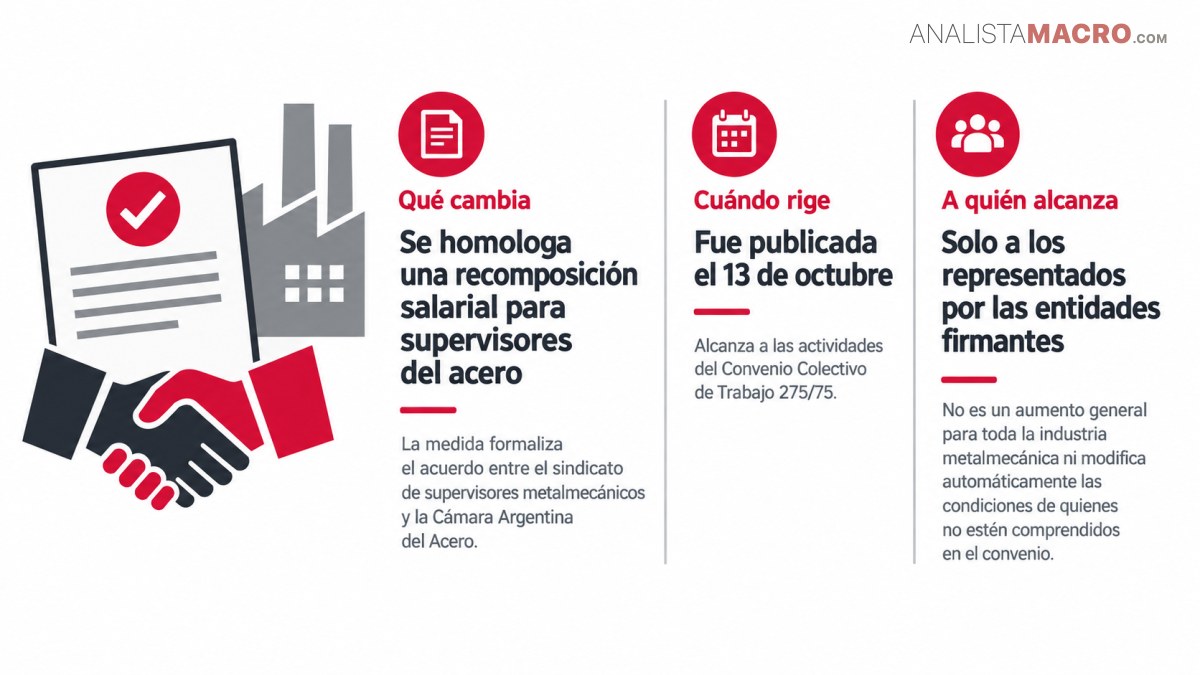 Infografía sobre la homologación salarial para supervisores del acero, con secciones sobre cambios, vigencia y personas alcanzadas.