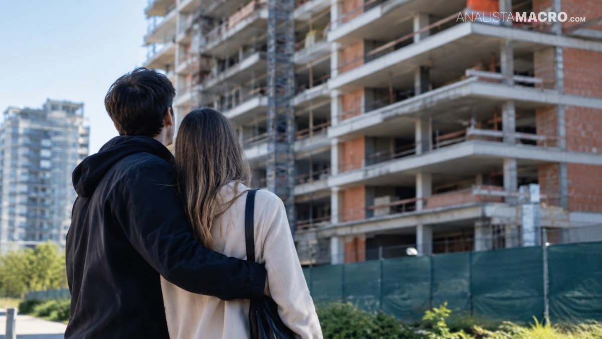 Pareja observa una obra de construcción desde la calle, con edificios residenciales altos al fondo.