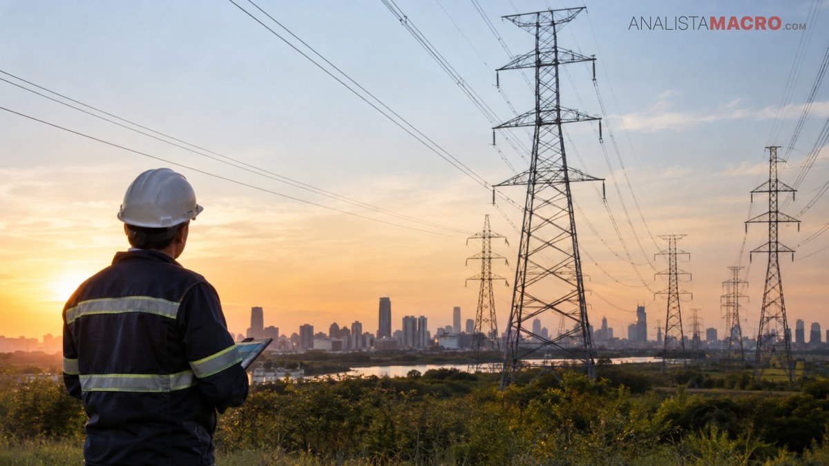 Trabajador con casco observa torres de alta tensión y una ciudad al fondo durante el atardecer.