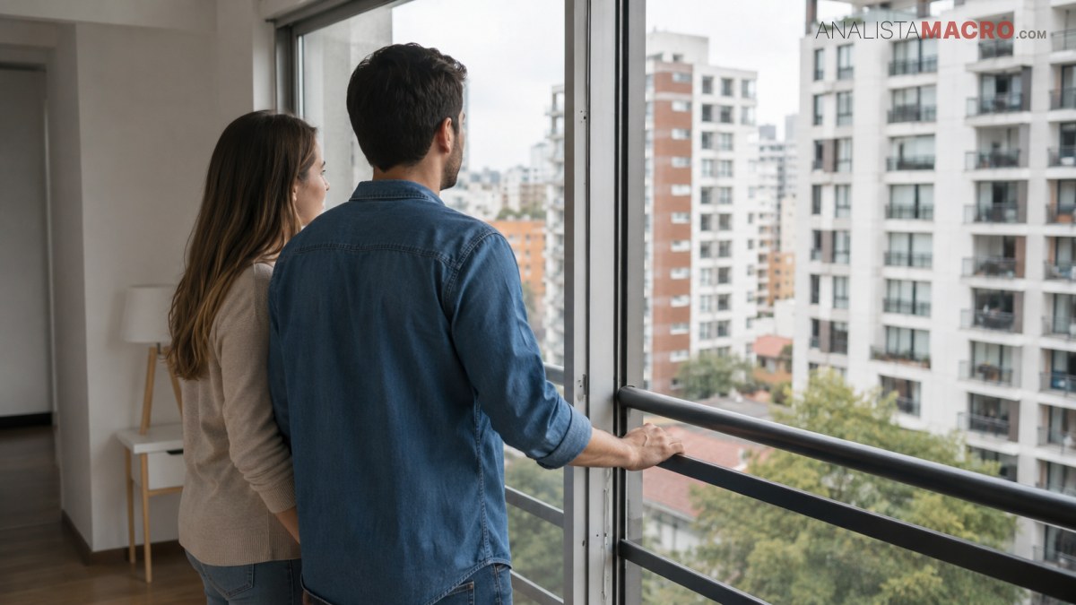 Pareja observa edificios residenciales desde el interior de un apartamento junto a una ventana amplia.