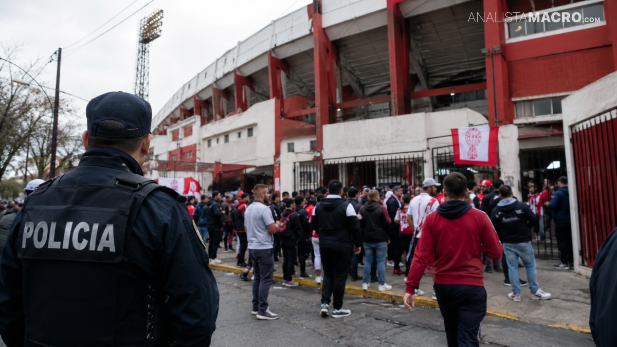 Policía observa a una multitud reunida frente a un estadio, con estructuras rojas y blancas al fondo.