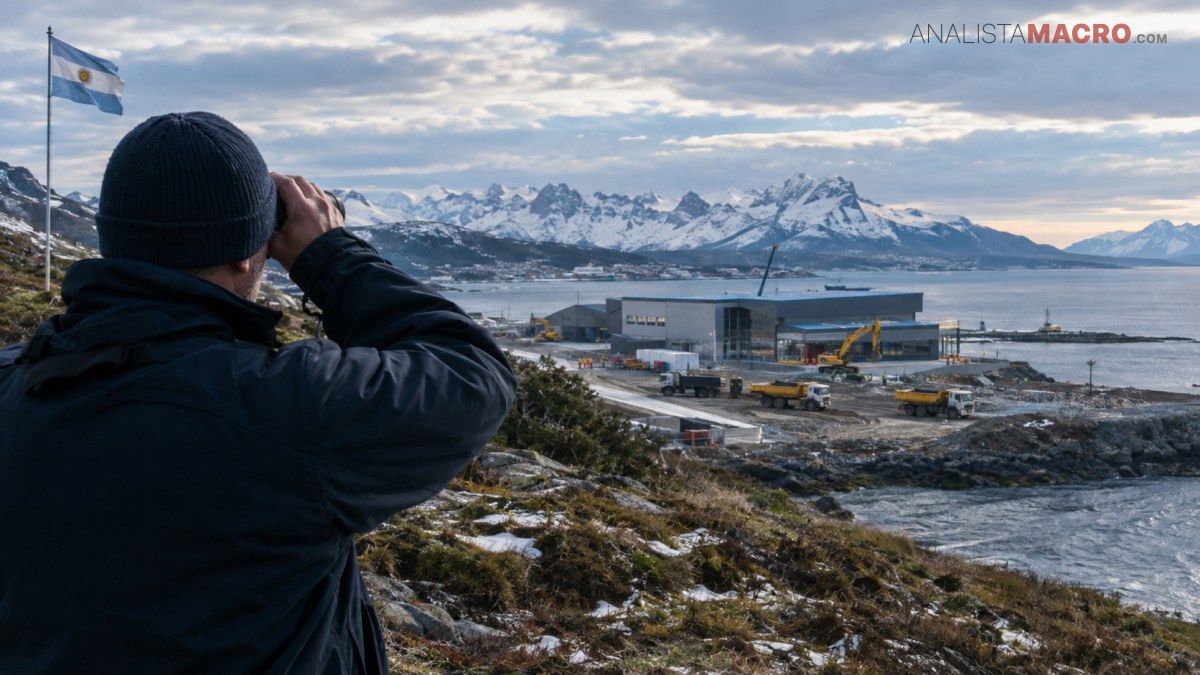 Persona con gorro y chaqueta observa un paisaje montañoso nevado, un edificio industrial, maquinaria y una bandera al borde del agua.