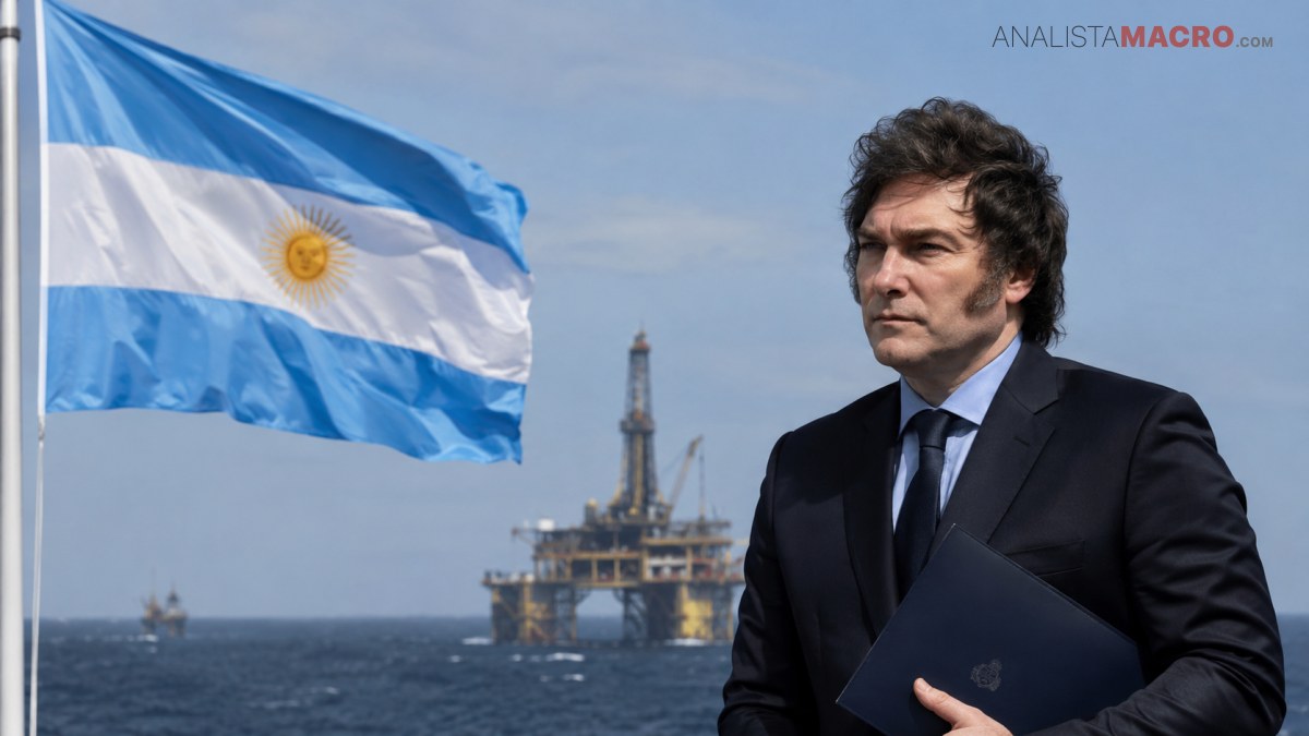 Hombre de traje sostiene una carpeta frente al mar, con una bandera argentina y una plataforma petrolera al fondo.
