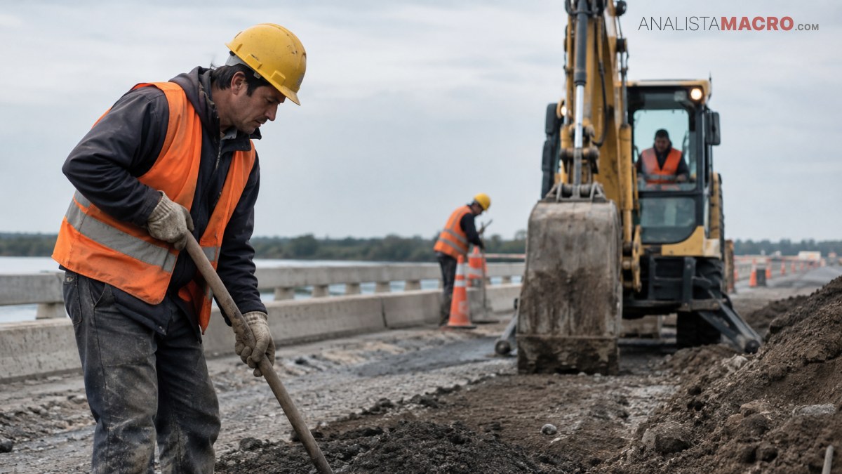 Trabajador con casco y chaleco reflectante paleando tierra junto a una excavadora en una obra vial.