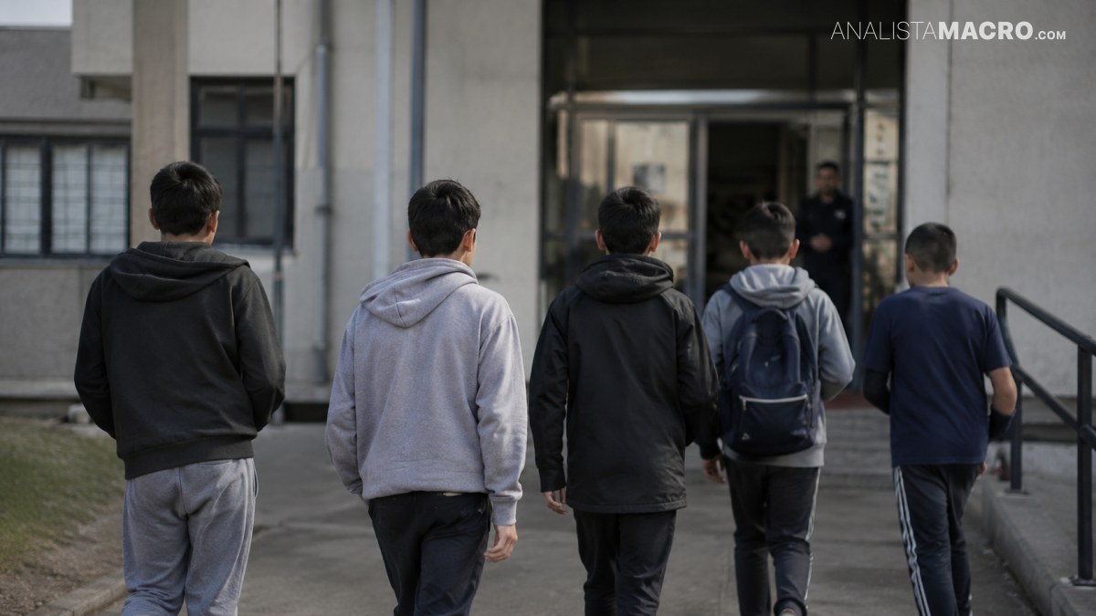 Cinco jóvenes caminan hacia la entrada de un edificio, vistos de espaldas, mientras una persona permanece junto a la puerta.