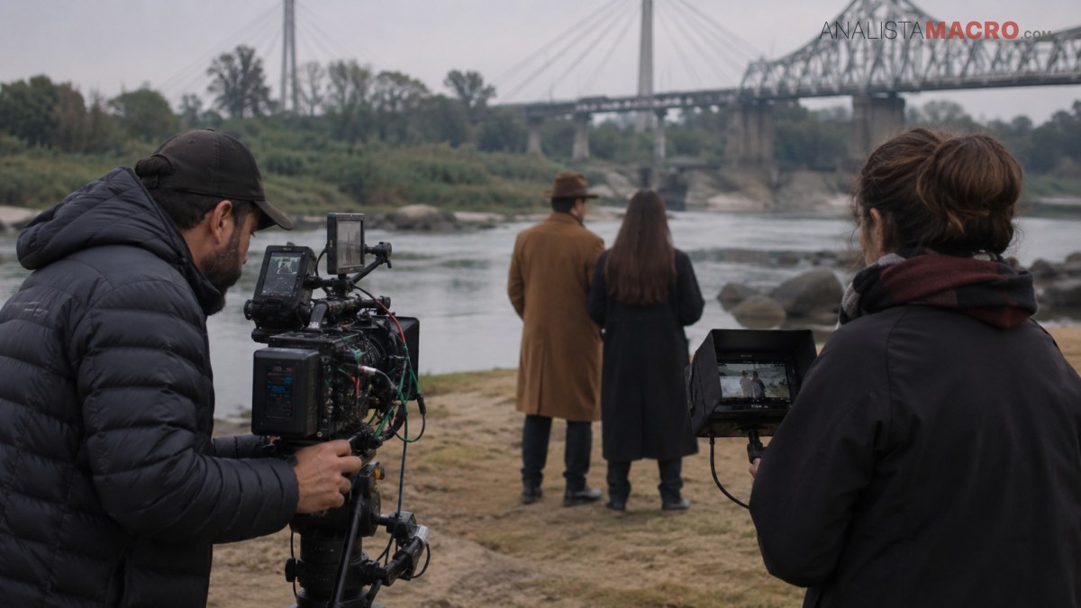 Un equipo de filmación graba a dos personas junto a un río, con un puente y vegetación al fondo.