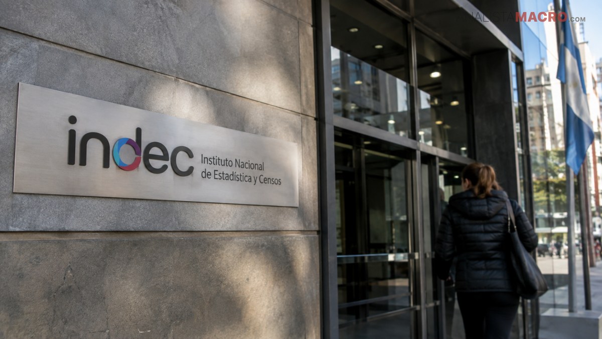 Cartel del INDEC en la fachada de un edificio, junto a una persona que entra por puertas vidriadas.