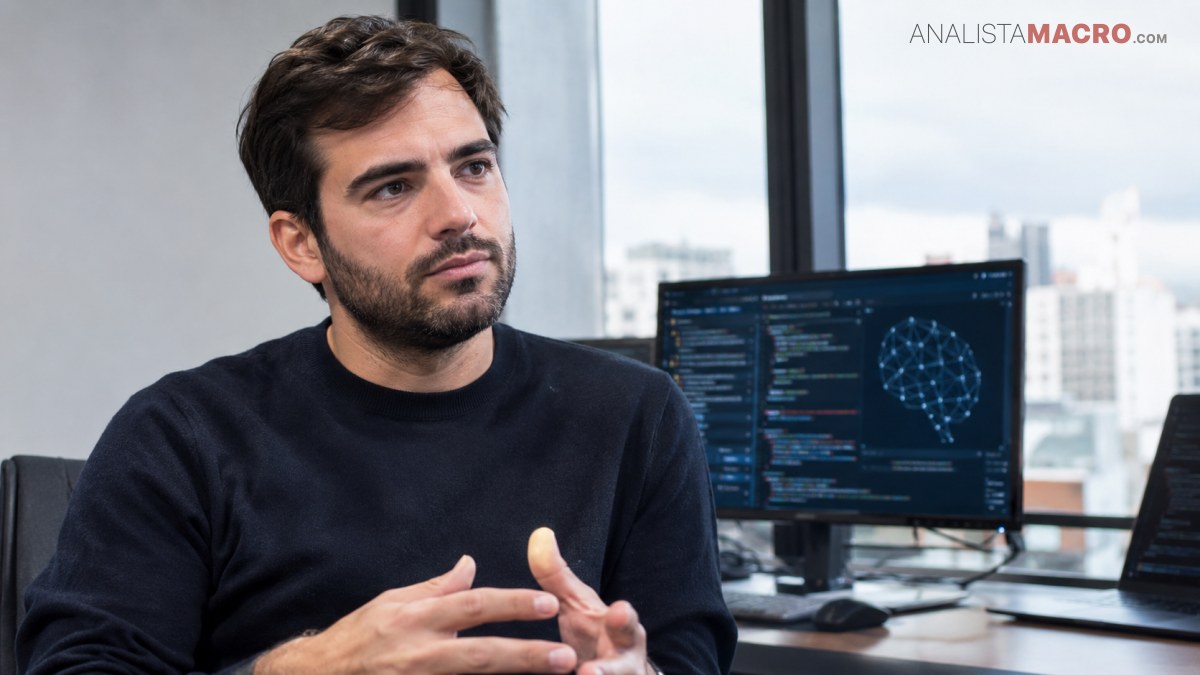 Hombre con barba y suéter oscuro sentado frente a un monitor que muestra código y un diagrama digital.