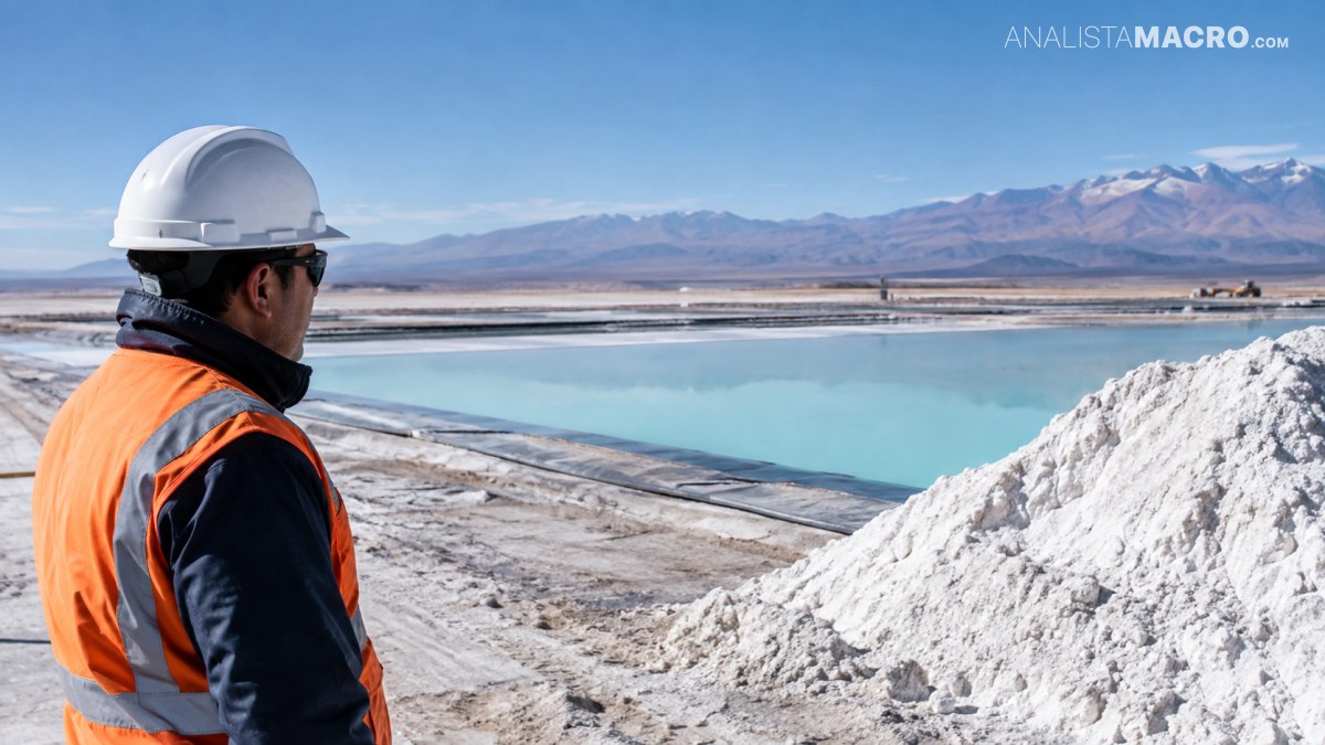 Trabajador con casco y chaleco naranja observa montículos blancos junto a estanques de agua turquesa y montañas nevadas.
