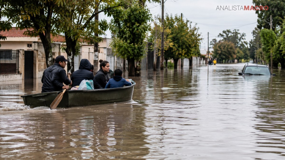Personas navegan en un bote por una calle inundada, mientras un automóvil parcialmente sumergido permanece estacionado cerca.