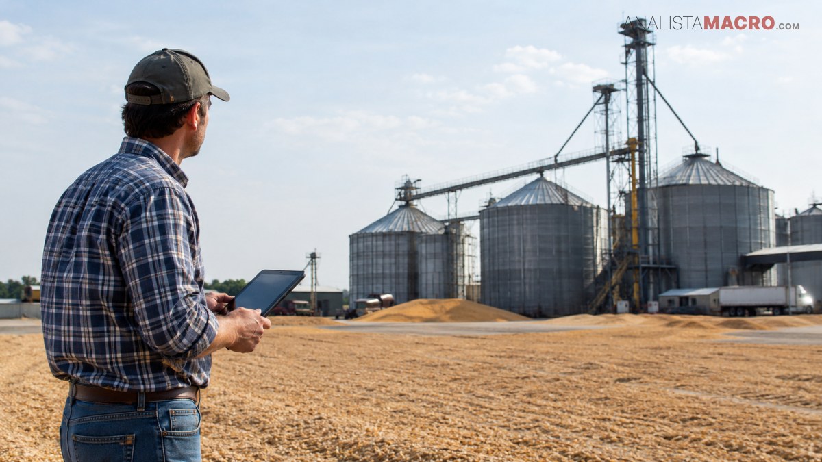 Un hombre con gorra y camisa a cuadros sostiene una tableta frente a varios silos en un campo cosechado.