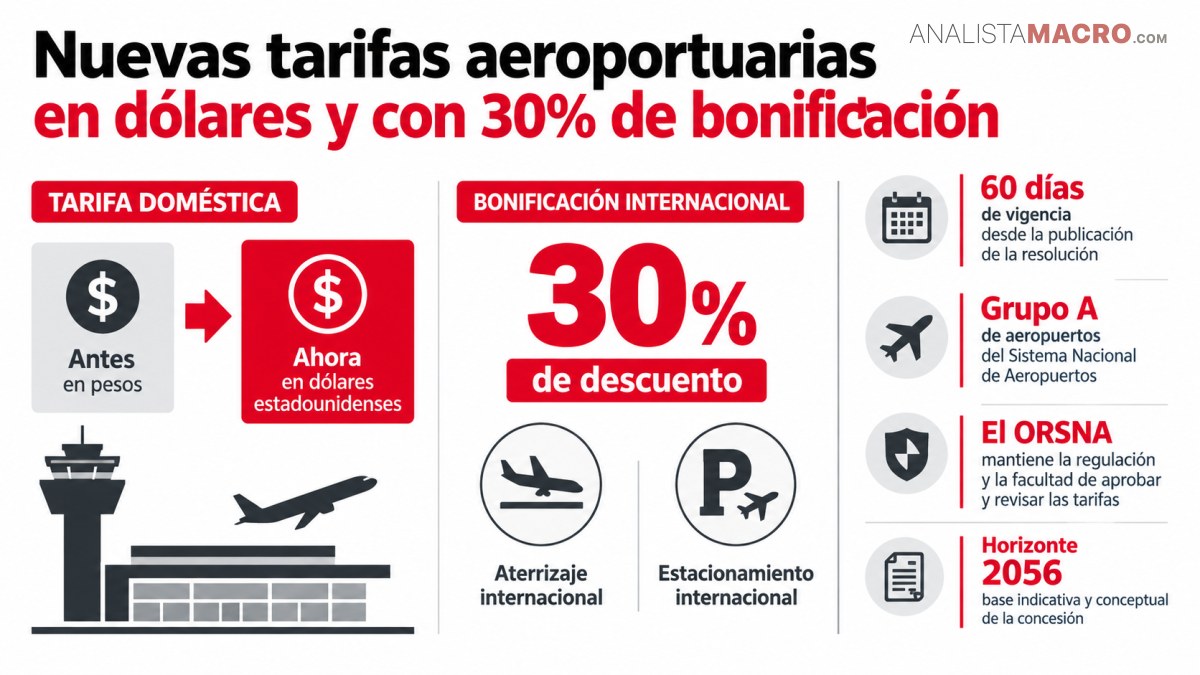 Un gráfico anuncia nuevas tarifas aeroportuarias en dólares con una bonificación del 30 % y presenta condiciones para vuelos internacionales, estacionamiento y aeropuertos.