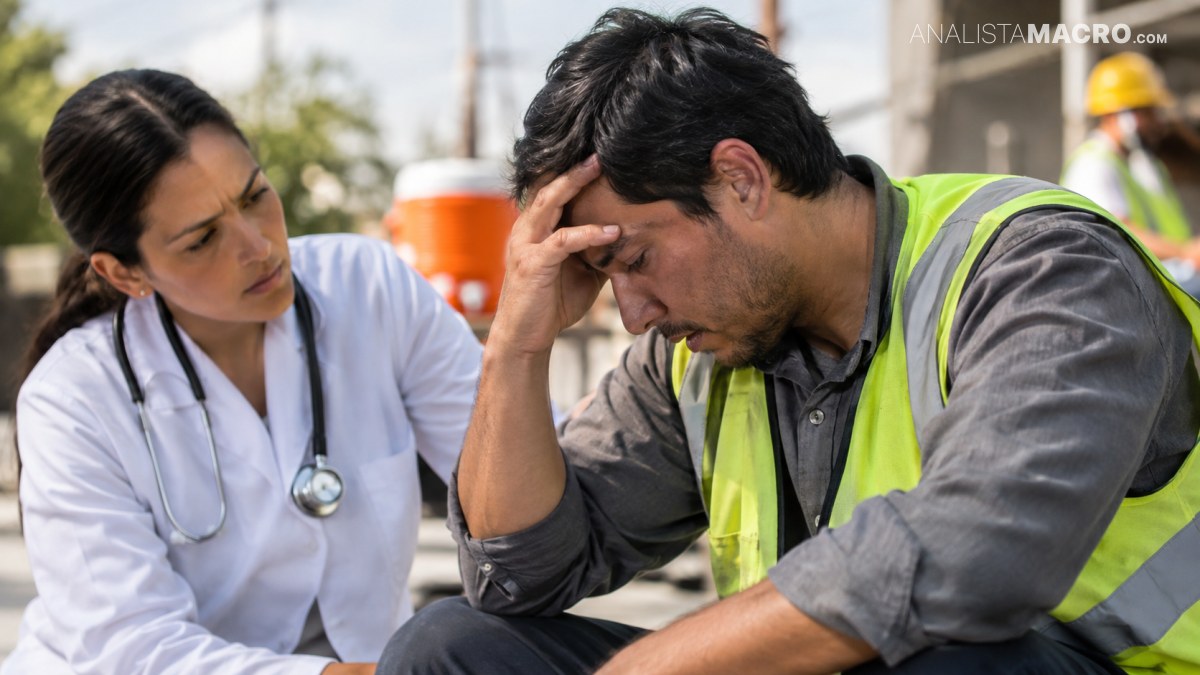 Un trabajador con chaleco reflectante se cubre el rostro mientras una médica lo observa y sostiene un estetoscopio.