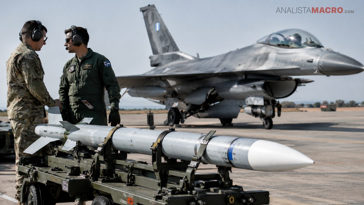 Dos personas con uniforme militar revisan un misil montado en un vehículo, frente a un avión de combate estacionado.