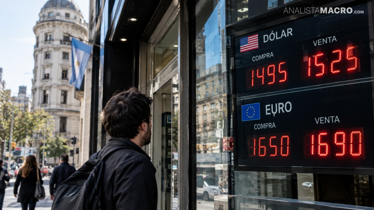 Un hombre observa una pizarra de cotizaciones con precios de compra y venta de dólares y euros.