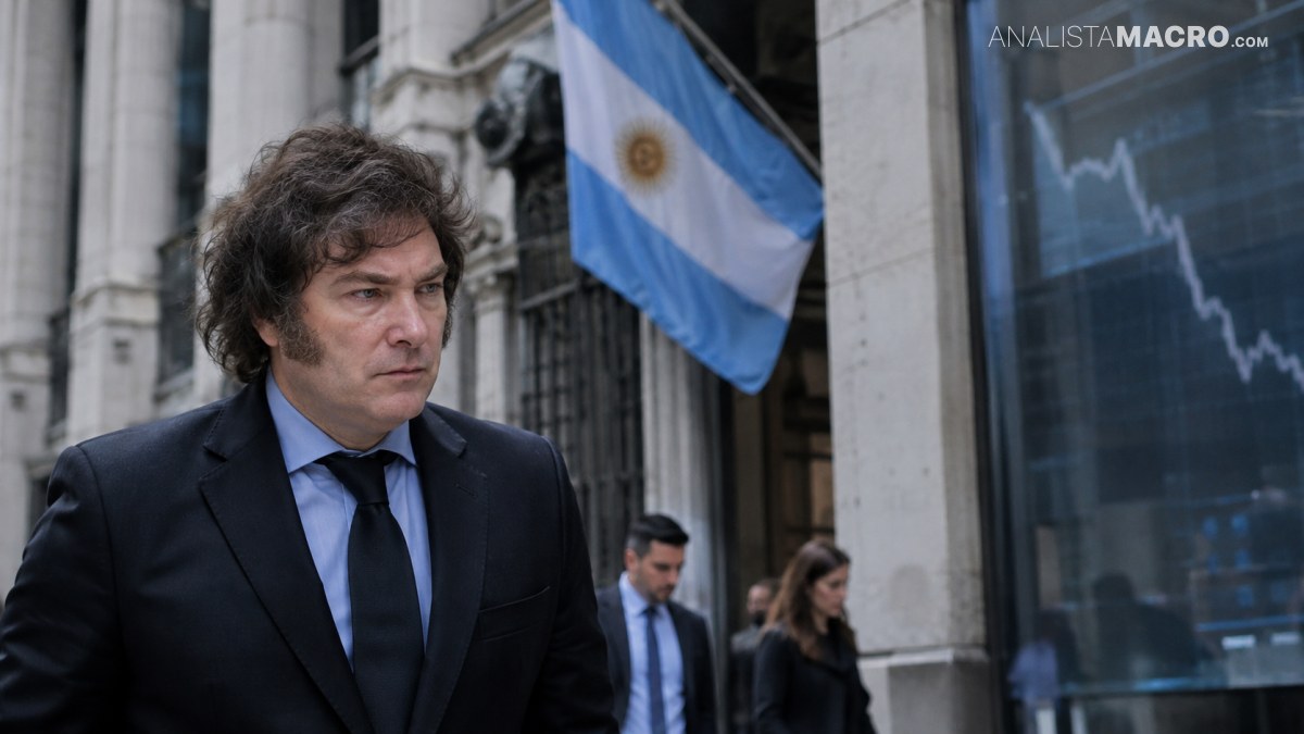 Hombre de traje oscuro camina frente a un edificio, con una bandera argentina y un gráfico financiero descendente al fondo.