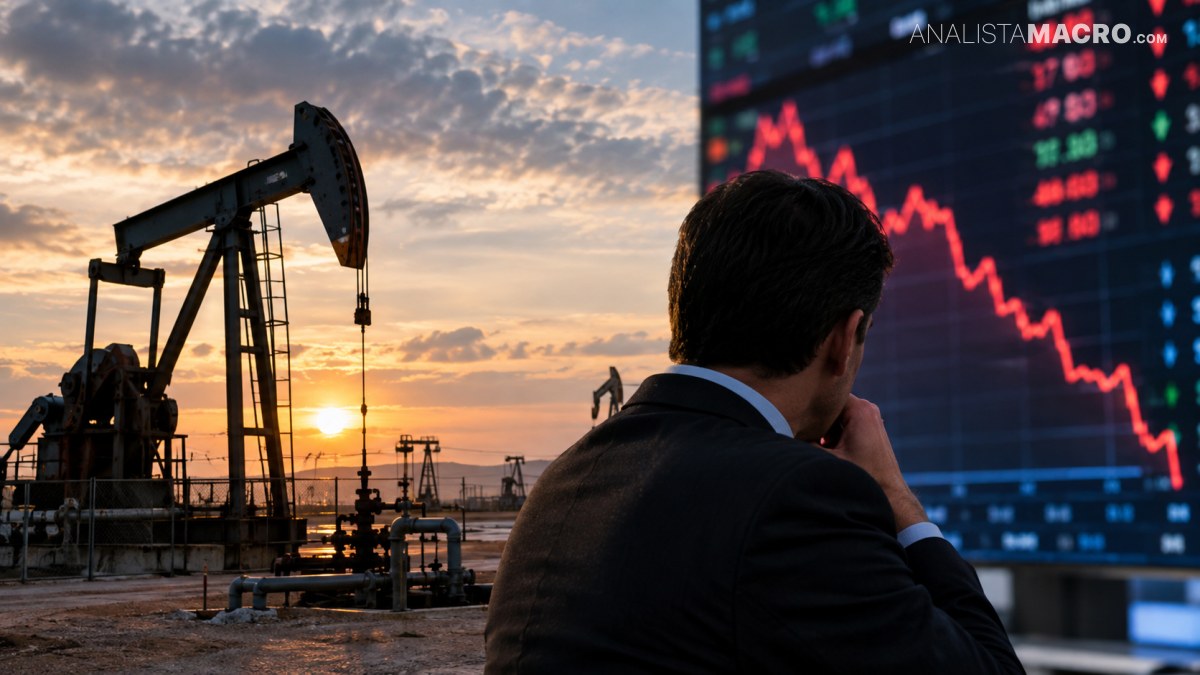 Hombre con traje observa una pantalla bursátil junto a una instalación petrolera al atardecer.