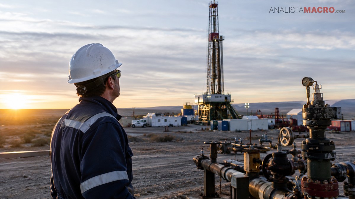 Trabajador con casco observa una plataforma de perforación y tuberías industriales al atardecer.
