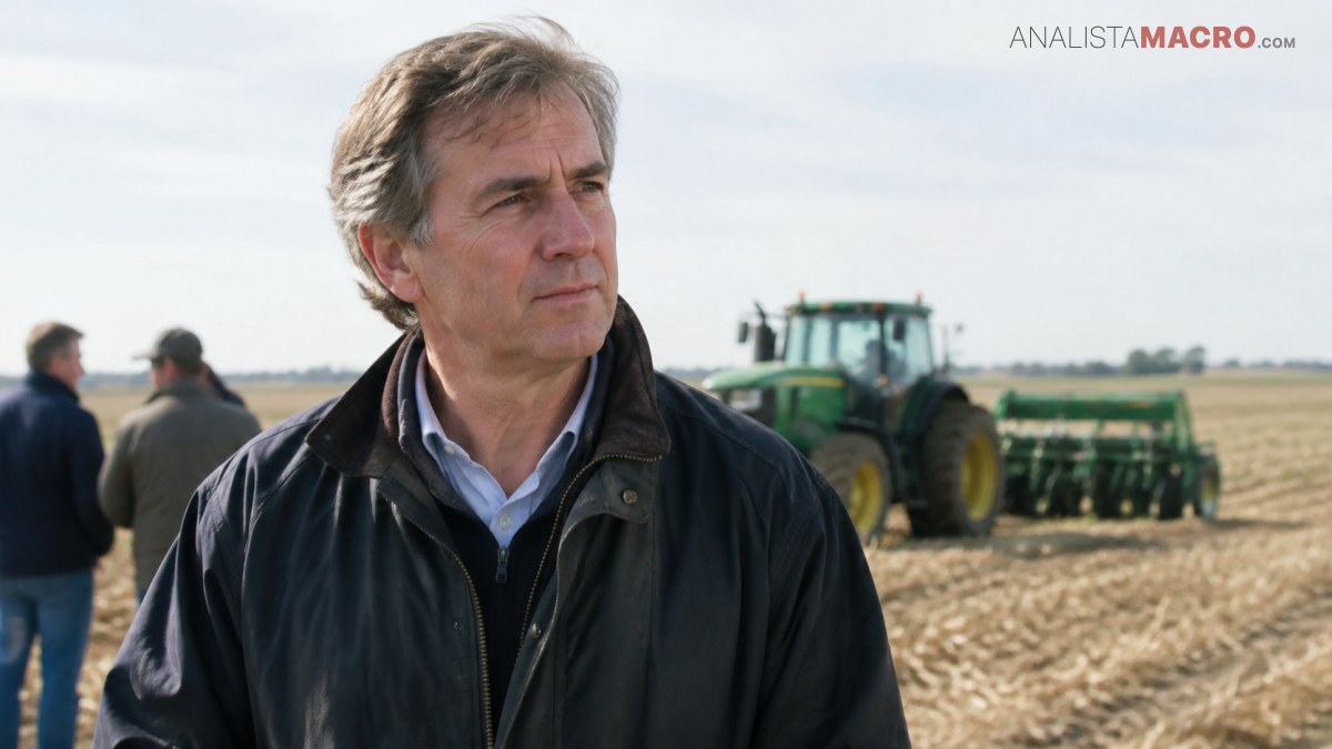 Hombre de cabello canoso y chaqueta oscura observa el campo, con un tractor y maquinaria agrícola al fondo.