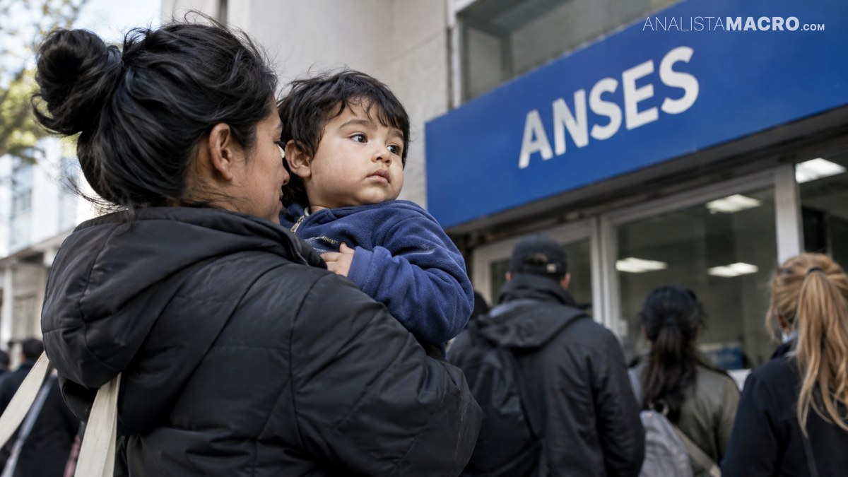 Mujer sostiene a un niño frente a un edificio con un cartel azul que dice “ANSES”.