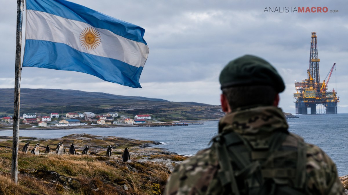 Una bandera argentina ondea frente a un paisaje costero, mientras una persona uniformada observa aves marinas y una plataforma petrolera.