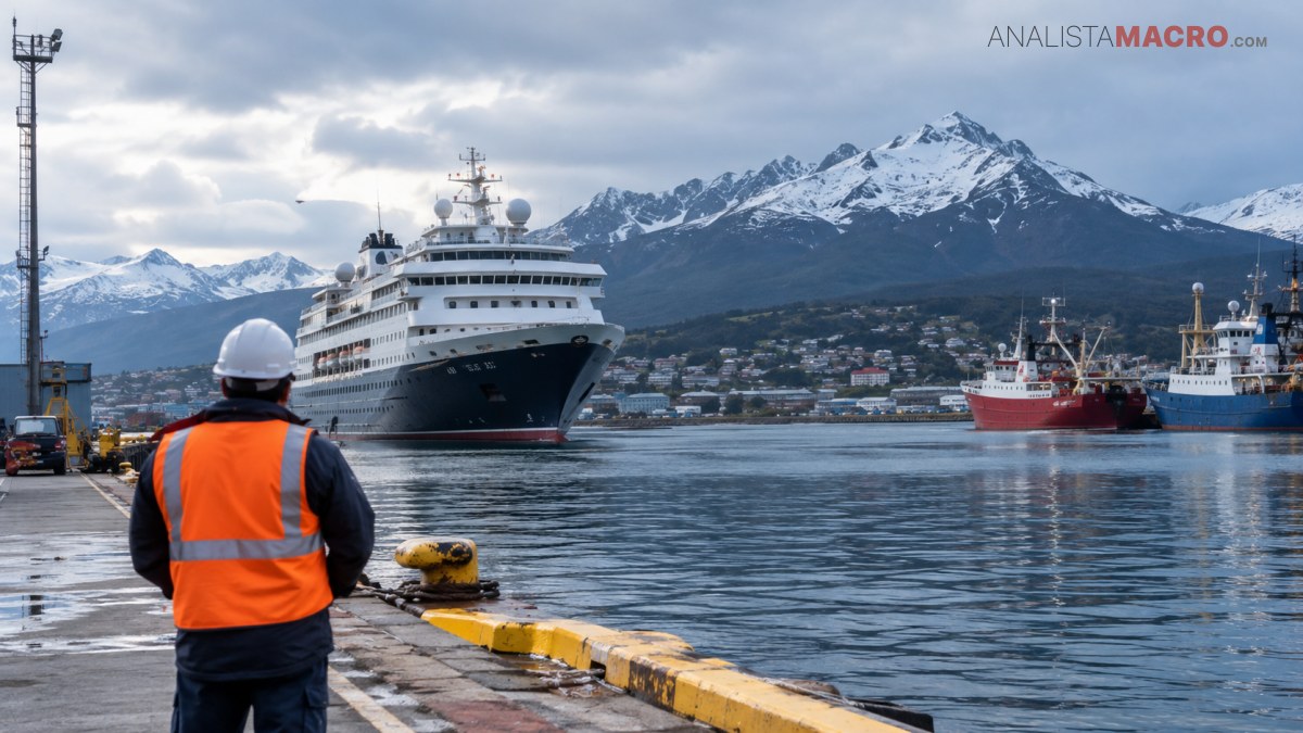 Un trabajador con casco naranja observa un barco grande en el muelle junto a otros buques, con montañas nevadas al fondo.