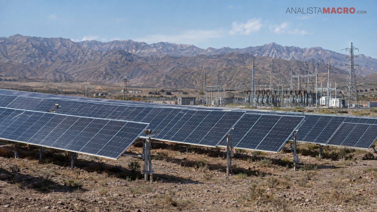 Paneles solares frente a una subestación eléctrica, con montañas escarpadas al fondo bajo un cielo parcialmente nublado.