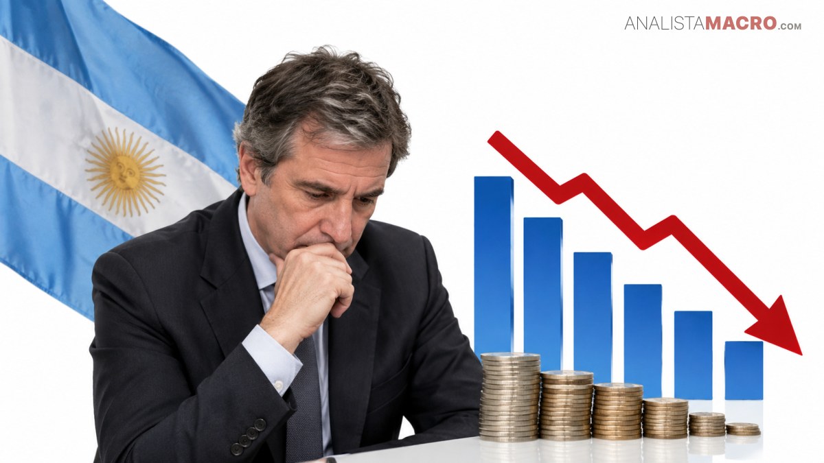 Un hombre pensativo aparece junto a una bandera argentina y un gráfico de barras descendentes con monedas apiladas.