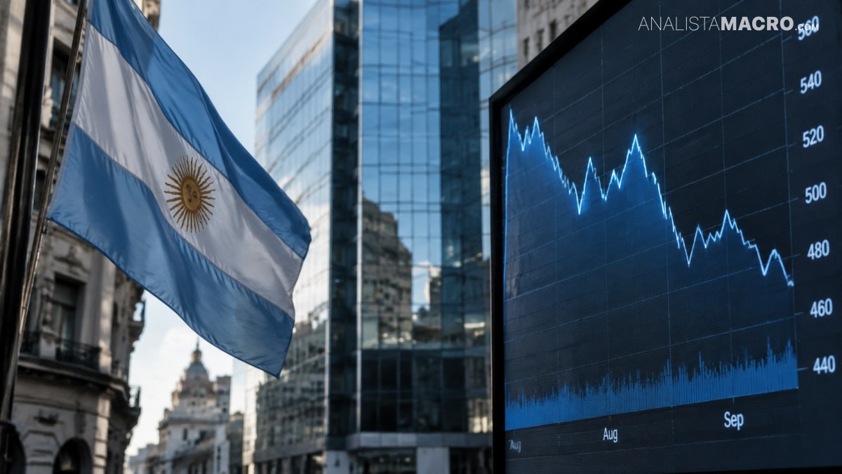 Bandera argentina ondeando frente a edificios, junto a una pantalla que muestra un gráfico bursátil descendente.