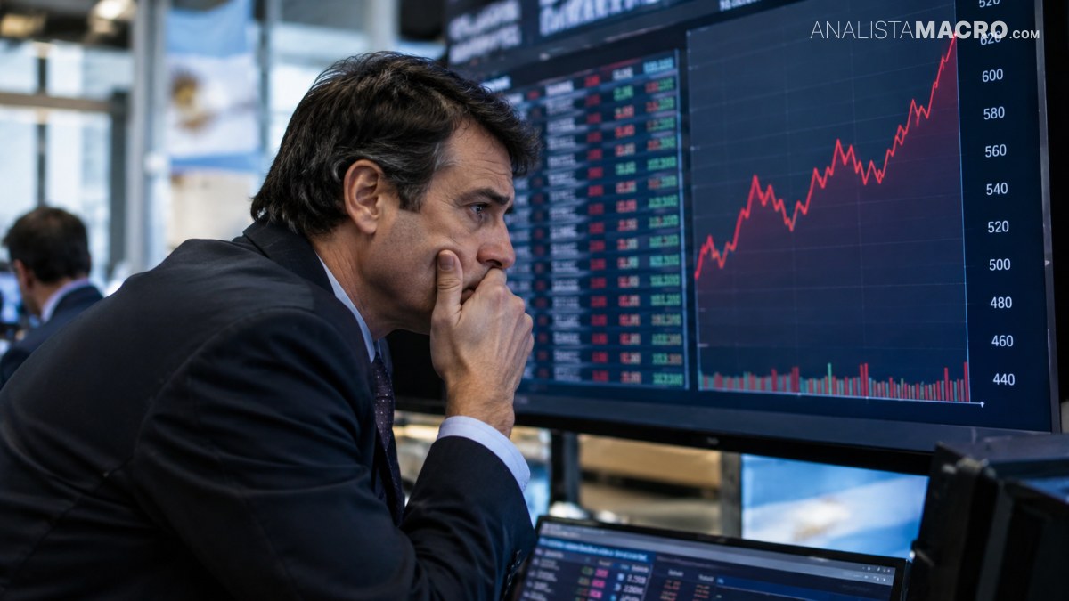 Hombre con traje observa pensativamente una pantalla financiera que muestra gráficos bursátiles ascendentes y datos de mercado.