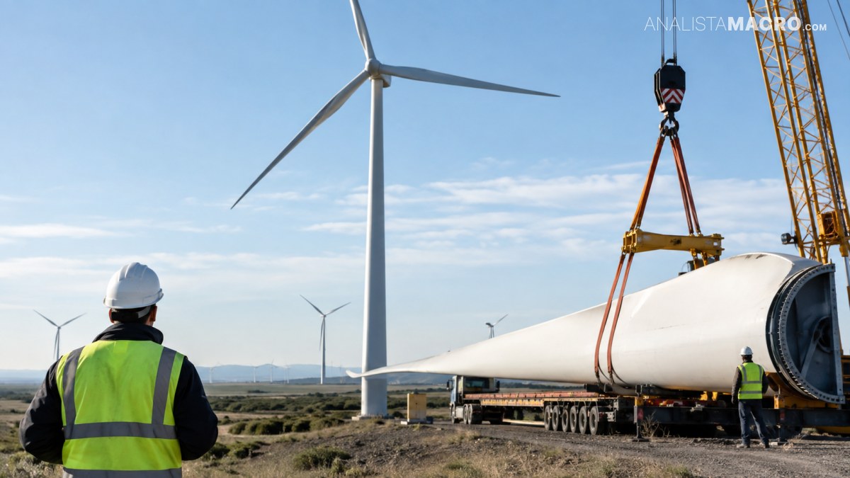 Trabajadores con chalecos reflectantes observan una grúa levantando un gran componente cilíndrico junto a aerogeneradores.