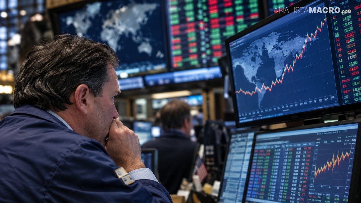 Hombre observa concentrado varias pantallas financieras con gráficos bursátiles ascendentes y mapas mundiales en una sala de operaciones.