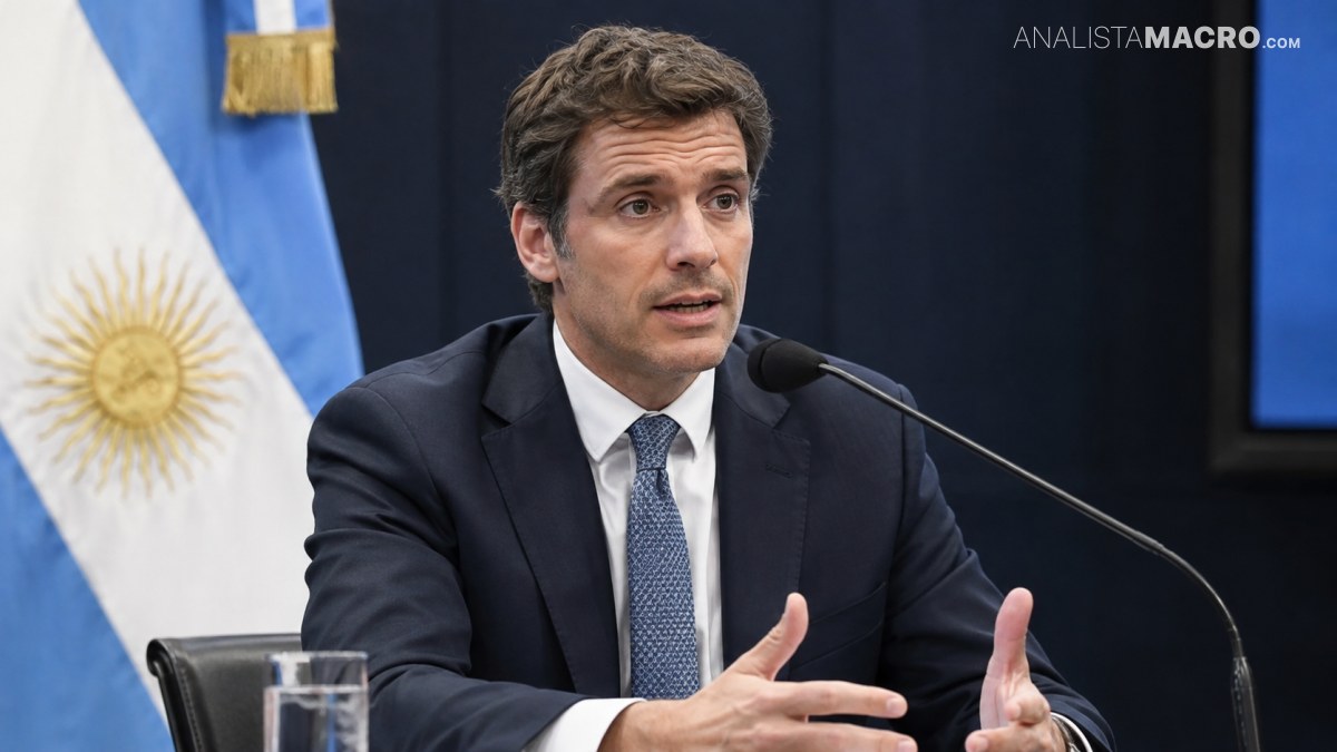 Hombre con traje y corbata habla ante un micrófono, sentado frente a una bandera argentina y una pantalla.