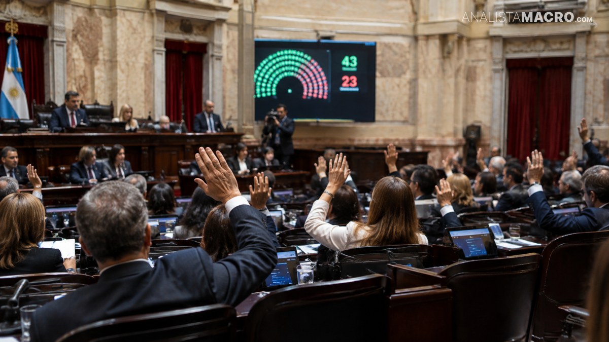Varias personas con trajes levantan la mano en una cámara parlamentaria, con un panel luminoso al fondo.